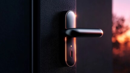 Elegant Door Handle: A sleek, modern door handle shines against a backdrop of a muted door and the soft hues of the sky at dusk.