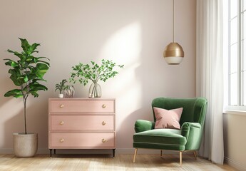 Stylish Modern Pink and Green Living Room