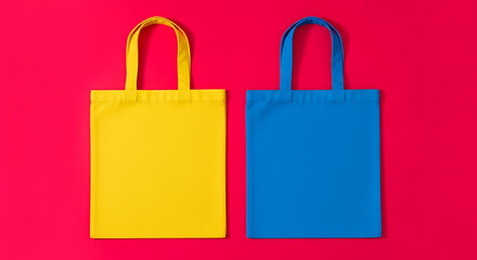 Vibrant Yellow and Blue Tote Bags on Red Background Eco-Friendly Shopping Bags