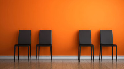 Elegant chairs lined up against vibrant orange wall create modern atmosphere