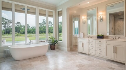 A luxurious bathroom showcases a freestanding bathtub and a scenic view