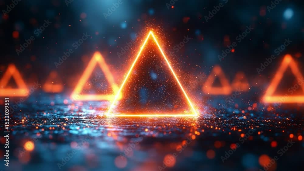 Aufkleber Illuminated Triangles in Digital Realm: A captivating digital rendering showcases several glowing orange triangles, set against a backdrop of a digitally rendered reflective surface.
