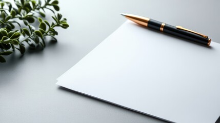 Empty white sheet of paper with a black and gold pen on a grey surface with greenery in the corner