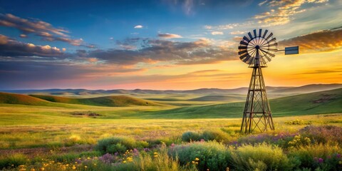 Classic windmill stands tall on a vast open range with rolling hills and wildflowers #windmill