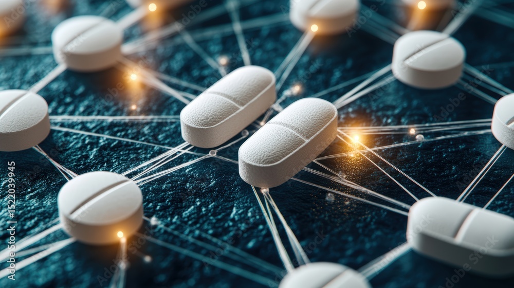 Poster digital network or blockchain technology concept with interconnected pills on dark background with g