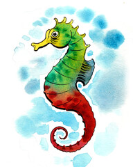 Seahorse fish. Hand drawn watercolor illustration