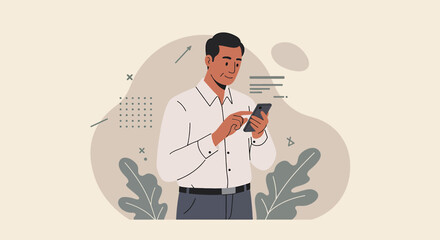 a man in a white shirt is looking at his phone Modern Flat Vector Illustration. Suitable for Landing Page, Marketing Presentation, Infographics, Social Media Posts, Blog Illustration, etc.