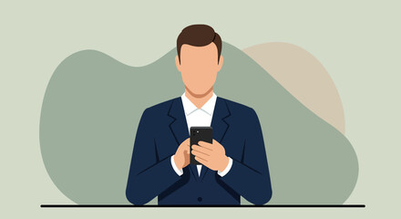 a man in a suit is looking at his phone Minimalist Vector Design. Suitable for Landing Page, Marketing Presentation, Infographics, Social Media Posts, Blog Illustration, etc.