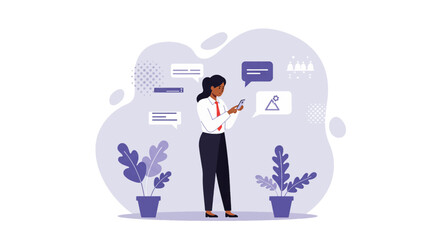a detailed description of the image of a woman in a white shirt and black pants standing in front of a purple background with a plant and a