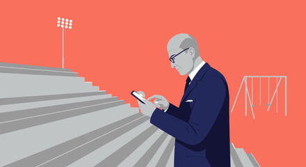 a man in a suit and glasses is using a cell Minimalist Vector Design. Suitable for Landing Page, Marketing Presentation, Infographics, Social Media Posts, Blog Illustration, etc.