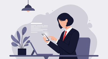 a man in a suit sitting at a desk using a cell Modern Flat Vector Illustration. Suitable for Landing Page, Marketing Presentation, Infographics, Social Media Posts, Blog Illustration, etc.