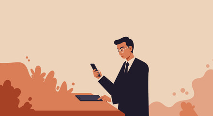a man in a suit is using his cell Clean Flat Style Vector Illustration. Suitable for Landing Page, Marketing Presentation, Infographics, Social Media Posts, Blog Illustration, etc.