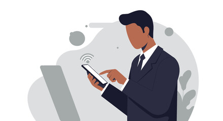 a man in a suit using a cell phone Elegant Business Concept Flat Vector Illustration. Suitable for Landing Page, Marketing Presentation, Infographics, Social Media Posts, Blog Illustration, etc.