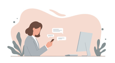 a woman sitting at a desk with a phone and a computer Modern Flat Vector Illustration. Suitable for Landing Page, Marketing Presentation, Infographics, Social Media Posts, Blog Illustration, etc.