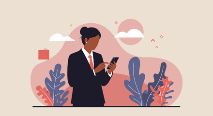 a person in a suit is using a cell Minimalist Vector Design. Suitable for Landing Page, Marketing Presentation, Infographics, Social Media Posts, Blog Illustration, etc.