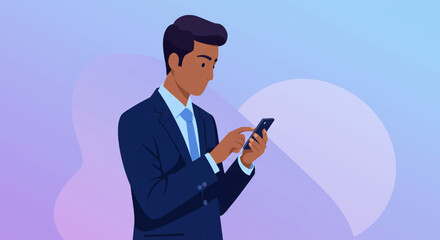 a man in a suit using his phone Clean Flat Style Vector Illustration. Suitable for Landing Page, Marketing Presentation, Infographics, Social Media Posts, Blog Illustration, etc.