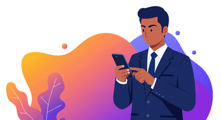 a man in a suit is using his cell Contemporary Flat Vector Illustration. Suitable for Landing Page, Marketing Presentation, Infographics, Social Media Posts, Blog Illustration, etc. 