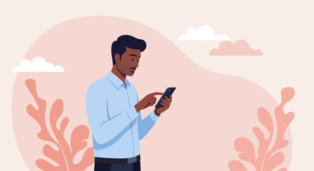 a man standing in front of a plant using a cell Contemporary Flat Vector Illustration. Suitable for Landing Page, Marketing Presentation, Infographics, Social Media Posts, Blog Illustration, etc. 