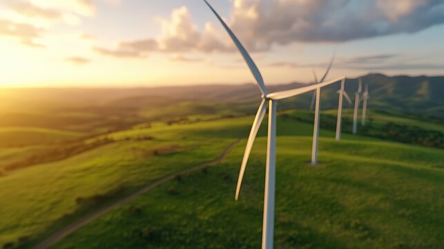Vast green landscape with multiple large wind turbines du sunset demonstrating renewable energy power generation