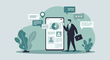 a man in a suit standing next to a phone with a speech bubble Clean Flat Style Vector Illustration. Suitable for Landing Page, Marketing Presentation, Infographics, Social Media Posts, Blog Illustrati