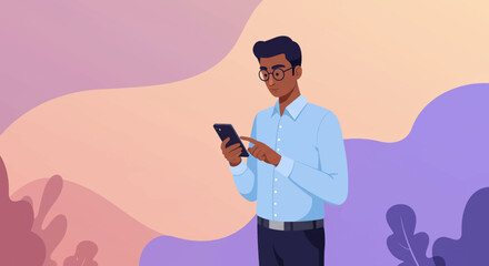 a man in a white shirt is looking at his phone Modern Flat Vector Illustration. Suitable for Landing Page, Marketing Presentation, Infographics, Social Media Posts, Blog Illustration, etc.
