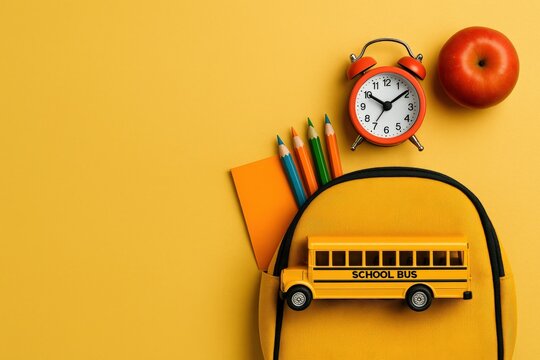 Back to School Essentials: A colorful composition of school supplies, including a backpack with a miniature school bus, stationery, and a ripe apple, is arranged on a vibrant, warm-toned surface. - Powered by Adobe