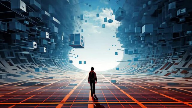 A figure stands at the convergence of chaos and order in a cybernetic landscape filled with floating data cubes and neon grid patterns, exploring a futuristic realm at twilight