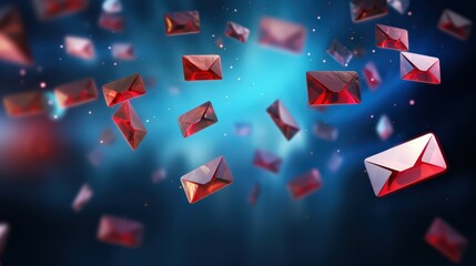 Flying envelopes with a glowing and dreamy background, symbolizing digital communication, email marketing, and message delivery