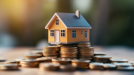 Small model house sitting on stacks of coins symbolizing real estate investment property finance and home ownership