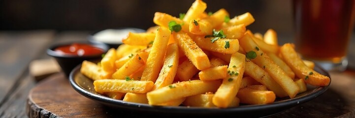 A generous platter brimming with golden, crispy fries, seasoned to perfection Served with various dipping sauces for ultimate dipping enjoyment , french fries, delicious fries