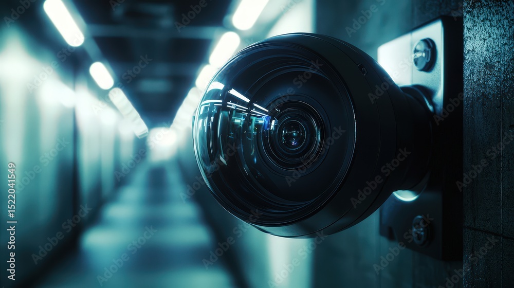 Poster surveillance camera monitoring security urban corridor image futuristic setting close-up safety awar