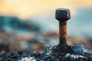 Close-up of old digging tool with earthy texture, placed on soil with calm background and minimal composition