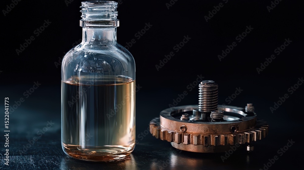 Poster Exploring the intricacies of mechanical oil bottle design workshop photography studio close-up engineering concepts