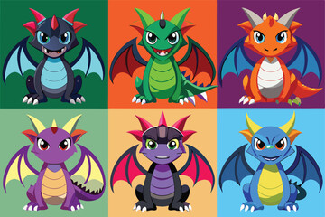 Naklejka premium Colorful Cartoon Dragon Collection with Wings Horns and Scales on a Background