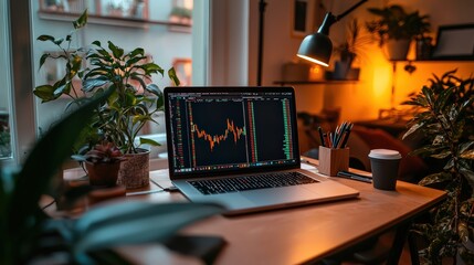 Analyzing stock market trends on a cozy desk setup home office digital content indoor close-up business insights