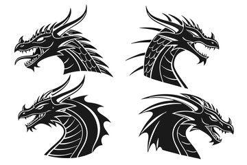 Obraz premium Four Black Dragon Head Silhouettes with Detailed Scales and Sharp Features