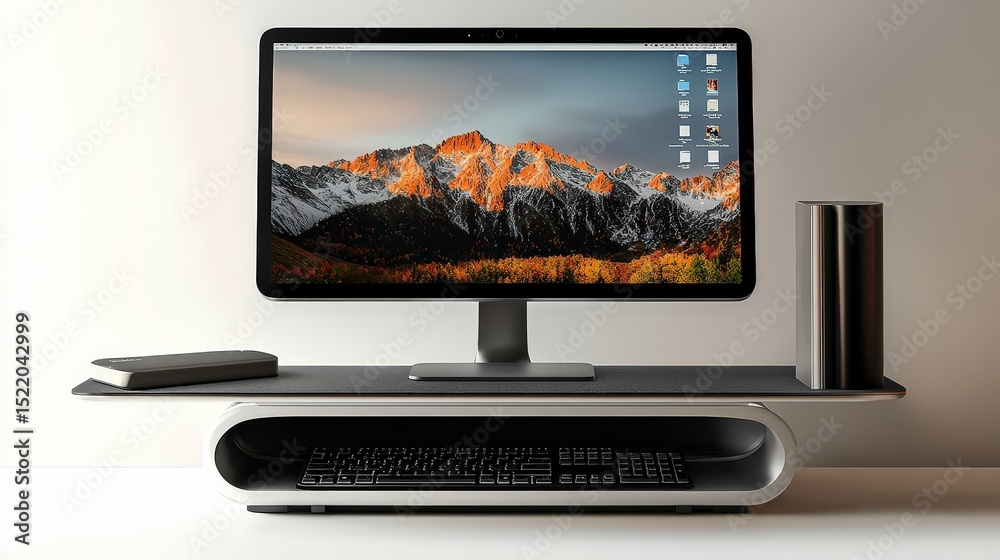 Poster home office setup modern technology minimalist design workspace indoor side view productivity focus