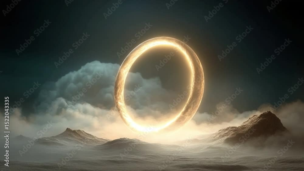 Poster mystical portal: an otherworldly glowing ring floats amidst a dreamy cloudscape and ethereal landsca