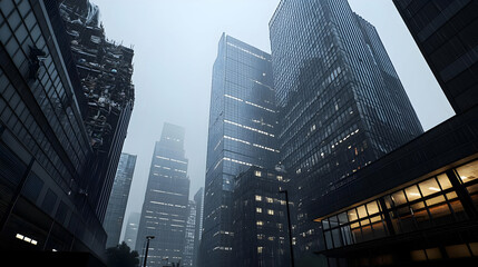 Pixelated Cityscape View Of Skyscrapers In Fog