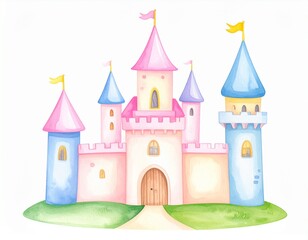 Fairy tale castle with towers on a hill in a magical pink fantasy kingdom