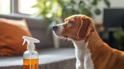 Obraz na płótnie Canvas Playful beagle dog curiously observes cleaning spray at home indoor setting cute pet photography cozy environment