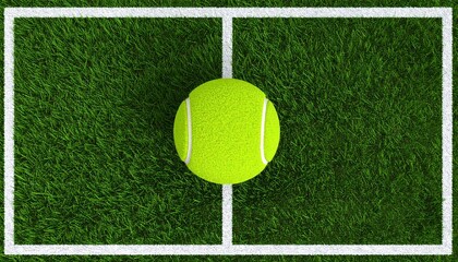 A tennis ball on a green court with white lines, ready for a match. The image captures the sport from a top-down angle.