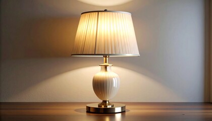A table lamp illuminated in a dim room, casting a warm, inviting glow and a shadow on the wall. The lamp features a classic lampshade, and a decorative base, suggesting an intimate ambiance.