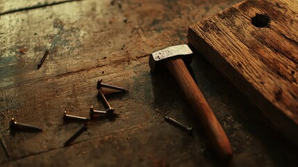 Crafting with precision hammering nails into wood workshop setting close-up shot craftsmanship concept