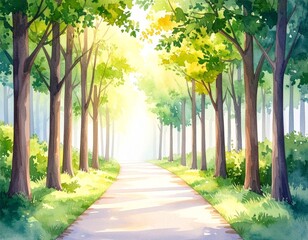 Sunny tree-lined path through a peaceful park in spring or summer