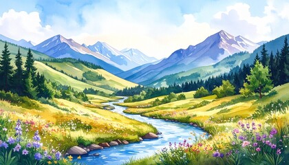 Mountain lake with alpine meadows and snow-covered peaks