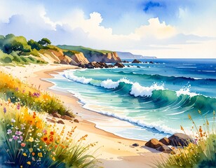 Tropical beach with clear blue sea and sandy shore under a sunny sky
