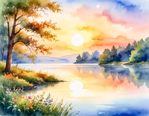 Peaceful river and lake view with colorful sky at sunrise and sunset