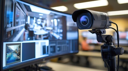 Camera setup for remote monitoring in a modern office environment technology action professional workspace high-tech viewpoint