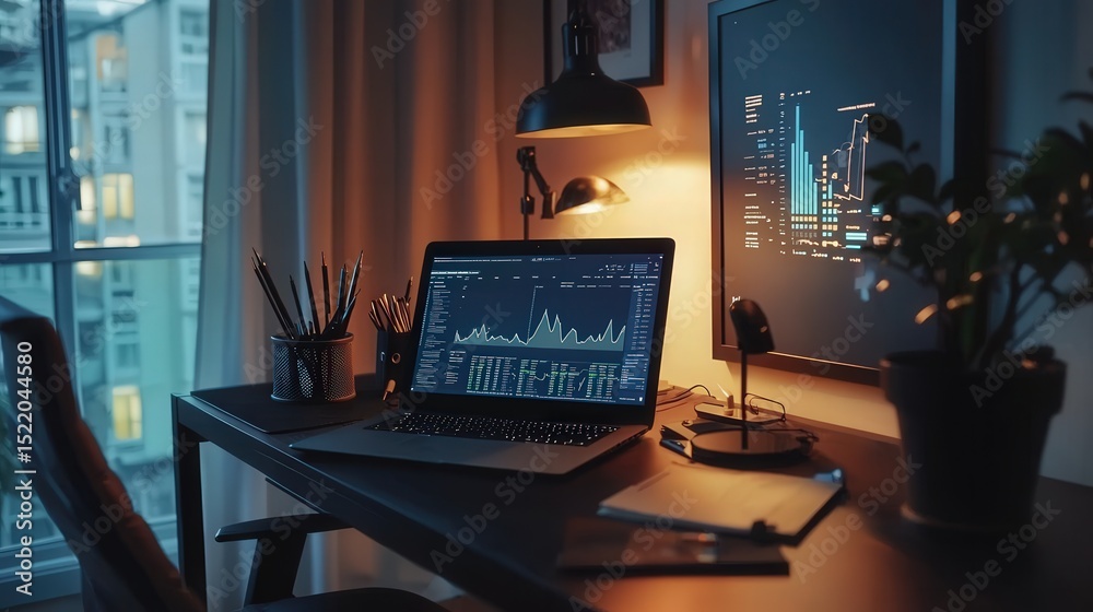 Poster Data analysis setup home office digital workspace evening ambiance focused view technology insights